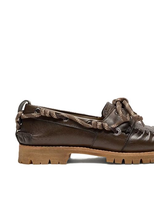 Mocassino Cruise donna in pelle verde scuro con laccio trekking color grigio tortora e trama floreale in rilievo Golden Goose | GWF01048.F008807.35567DARK GREEN